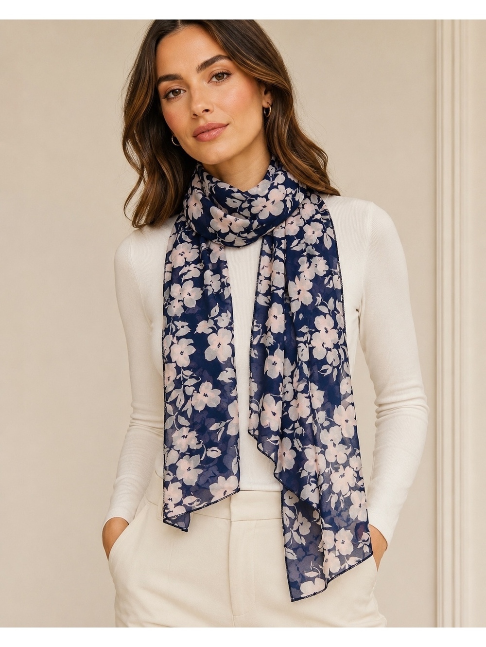 Navy & Pale Pink Floral Lightweight Scarf 67” x 8”